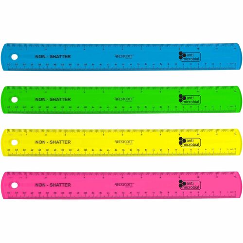 Westcott Shatterproof Ruler, Assorted Translucent Colors, 12 - 12" Length - 1/16 Graduations - Metric Measuring System - 1 - Translucent Assorted
