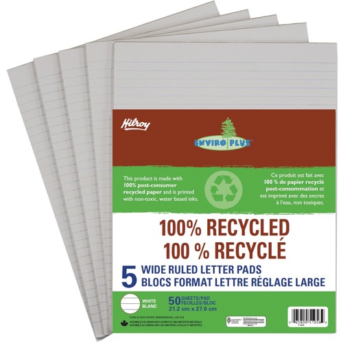 Hilroy 100% Recycled Wide Ruled Letter Pad - 50 Sheets - Glue - 0.31" Ruled - Ruled - 8 1/2" x 11" - White Paper - Non-toxic - Recycled - 5 / Pack - Letter, Legal & Jr. Pads - HLR51056