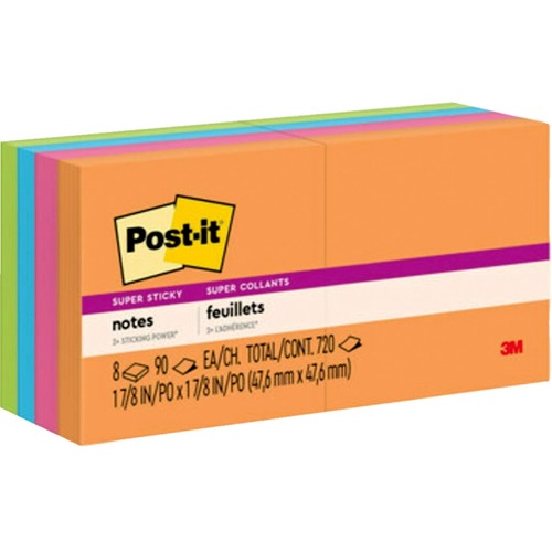 Post-it® Rio de Janeiro Color Collection Super Sticky Notes - 720 - 2" x 2" - Square - Paper - Self-adhesive - 8 / Pack