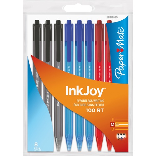 Paper Mate InkJoy 100 RT Pen - Medium Pen Point - Retractable - Assorted - Transparent Barrel - 8 / Pack