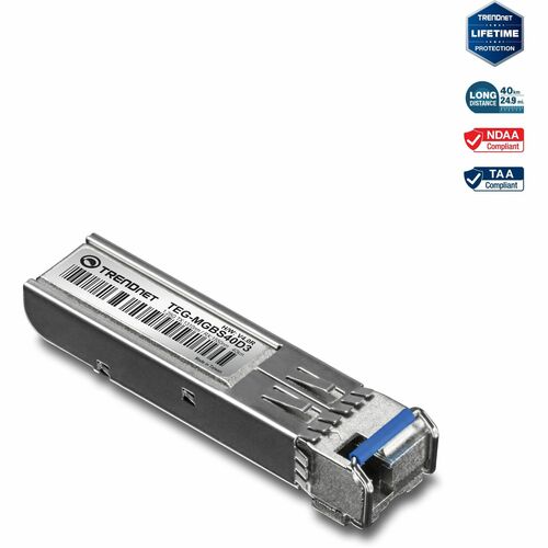TRENDnet SFP to RJ45 Dual Wavelength Single-Mode LC Module; TEG-MGBS40D3; Must Pair with TEG-MGBS40D5 or a Compatible Module; Up to 40km (24.9 miles); Standard SFP Slot Compatible; Lifetime Protection - Mini-GBIC Dual Wavelength Single-Mode LC Module (40K