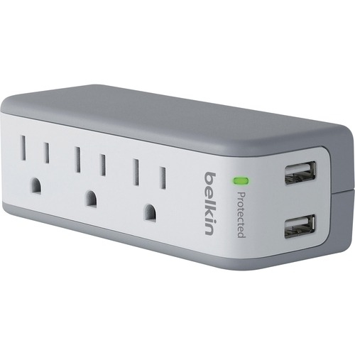 Belkin 3-Outlet Mini Surge Protector with USB Ports (2.1 AMP) - 3 x NEMA 5-15R, 2 x USB - 918 J - 120 V AC Input - 120 V AC, 5 V DC Output - 36 kA - External