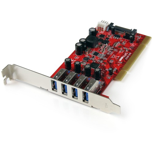 StarTech.com 4 Port PCI SuperSpeed USB 3.0 Adapter Card with SATA/SP4 Power - 5Gbps - 4-Port USB 3.0 PCI/PCI-X Card (USB 3.1 Gen 1/USB 3.2 Gen 1x1) - Achieve speeds up to PCI bus max (1.3Gbps) - Optional SATA/SP4 power - PCI 3.3V/5V 32-bit - Full/low prof