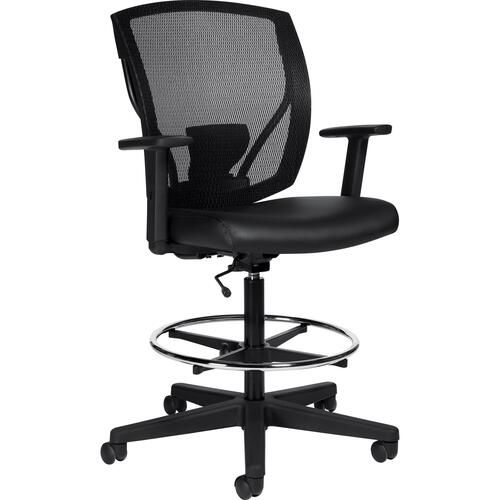 Global Ibex Task Drafting Chair with Arms - Black Bonded Leather  Seat - 5-star Base - Chrome