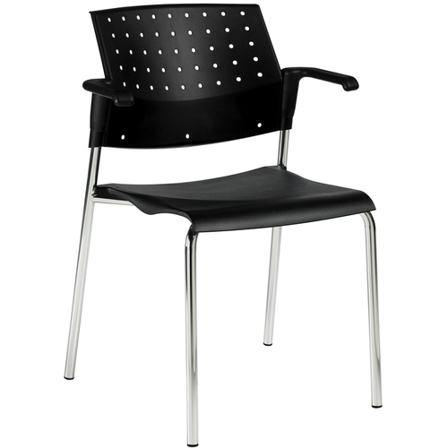 Global Sonic Stacking Chair - Black Polypropylene Seat - Black Polypropylene Back - Chrome Frame - Four-legged Base - Armrest - 1 Each = GLB6513WSBLK