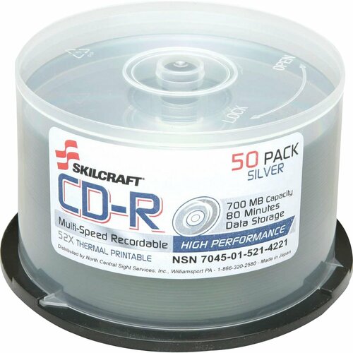 SKILCRAFT CD Recordable Media - CD-R - 52x - 700 MB - 50 - 120mm - Printable - Thermal Print Technology - 1.33 Hour Maximum Recording Time