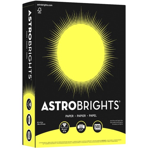 Astrobrights Inkjet, Laser Copy & Multipurpose Paper - Sunburst Lemon - Letter - 8 1/2" x 11" - 24 lb Basis Weight - 500 / Pack - Acid-free