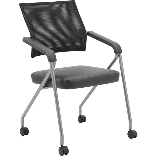 Boss Caressoft Plus Training Chair - Black Vinyl Seat - Black Mesh Back - Pewter Frame - Four-legged Base - Armrest - 2 / Carton
