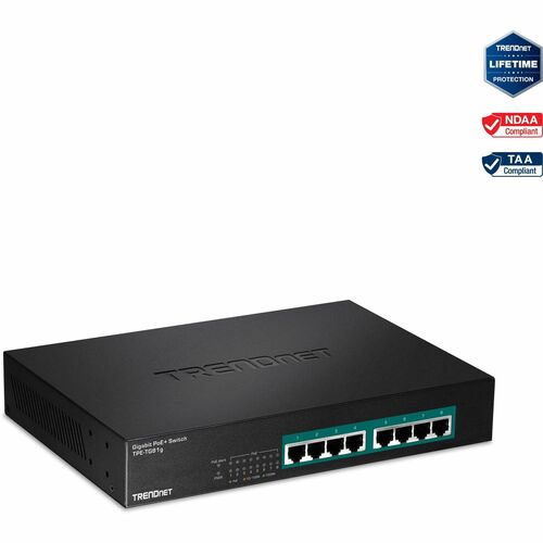 TRENDnet 8-Port Gigabit GREENnet PoE+ Switch; TPE-TG81g; 8 x Gigabit PoE+ Ports; Rack Mountable; Up to 30 W Per Port with 110 W Total Power Budget; Ethernet Network Switch; Metal; Lifetime Protection - 8-port Gigabit GREENnet PoE+ Switch; rack mountable