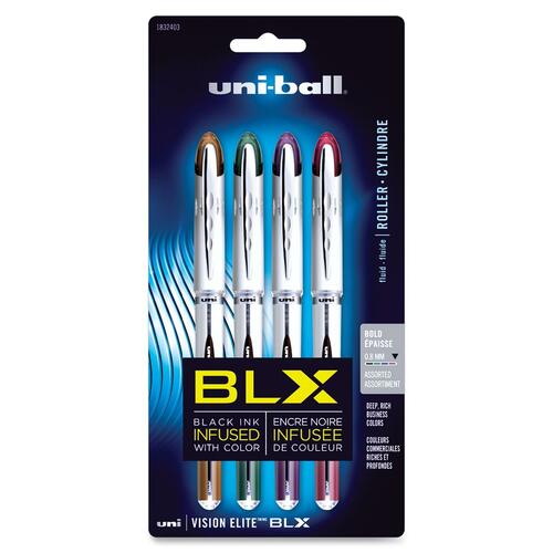 Uni-Ball Vision Elite BLX Rollerball Pens - 0.8 mm Bold Pen Point - Refillable - Assorted Ink - Pigment-based - Clear Barrel - 4 / Pack