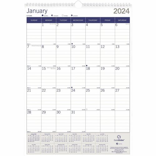 Blueline EcoLogix Wall Calendar - Monthly - 12 Month - January 2024 - December 2024 - 1 Month Single Page Layout - 12" x 17" Sheet Size - White, Brown, Green - Chipboard - Reinforced, Eco-friendly, Reference Calendar - 1 Each