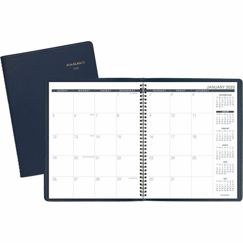 At-A-Glance Planner - Large Size - Monthly - 15 Month - January 2024 - March 2025 - 1 Month Double Page Layout - 9" x 11" White Sheet - Wire Bound - Navy - Faux Leather - Perforated, Memo Section, Address Directory, Phone Directory, Double Pocket - 1 Each