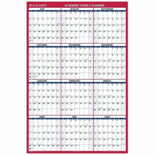 At-A-Glance Erasable Two-sided Wall Calendar - Julian Dates - Yearly - July 2019 to June 2020 - 48" x 32" Sheet Size - 1.63" x 1.63" , 1.25" x 1.88" Block - Red, White, Blue - 32" Height x 48" Width - Erasable, Reversible, Write on/Wipe off - 1 Each
