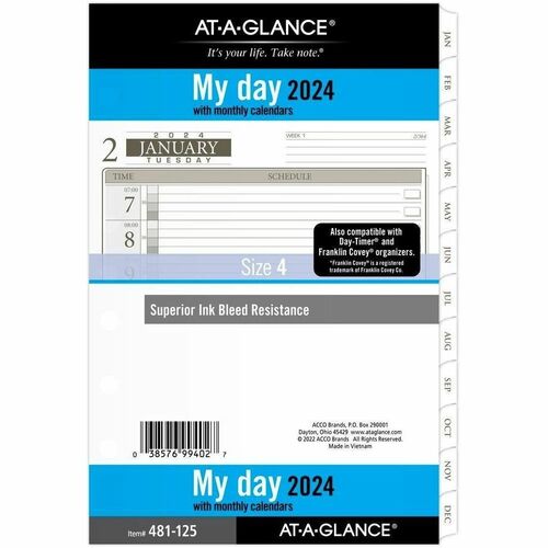 Day Runner 2024 Daily Planner One Page Per Day Refill, Loose-Leaf, Desk Size - Julian Dates - Daily - 1 Year - January 2024 - December 2024 - Hourly - 1 Day Single Page Layout - 5 1/2" x 8 1/2" White Sheet - 7-ring - Desk - White - Paper - 8.5" Height - T