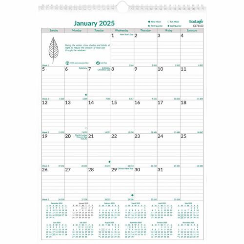Brownline EcoLogix® Monthly Wall Calendar 12" x 17" English - Julian Dates - Monthly - 12 Month - January 2025 - December 2025 - 1 Month Single Page Layout - 12" x 17" Sheet Size - Twin Wire - White, Green - Chipboard - Moon Phases, Hanging Loop - 1 E