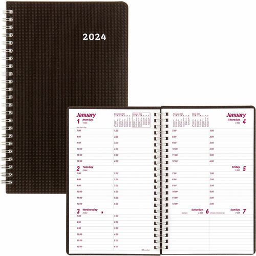 Brownline DuraFlex Weekly Appointment Book - Julian Dates - Weekly - 12 Month - January 2024 - December 2024 - 7:00 AM to 6:00 PM - Hourly - 1 Week Double Page Layout - 5" x 8" Sheet Size - Twin Wire - Black - Poly - Textured Cover, Moon Phases, Reference