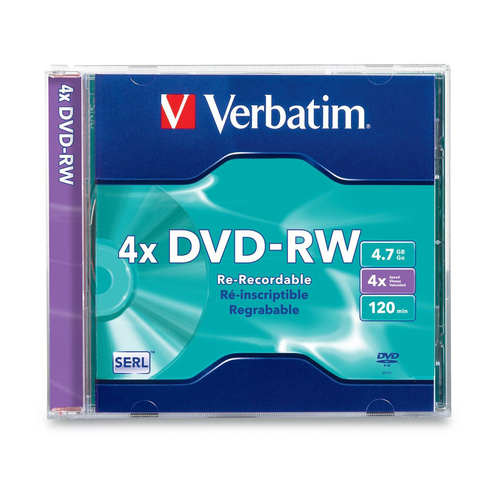 Verbatim DVD-RW 4.7GB 4X with Branded Surface - 1pk Slim Case - 2 Hour Maximum Recording Time