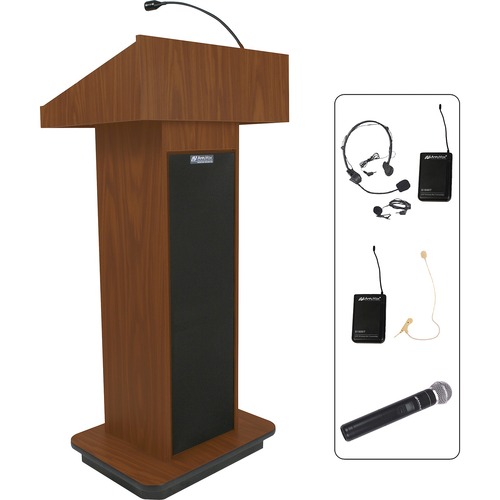 AmpliVox SW505 - Wireless Executive Sound Column Lectern - Rectangle Top - Sculpted Base - 20.75" Table Top Width x 16.50" Table Top Depth - 47" Height x 22" Width x 18" Depth - Assembly Required - High Pressure Laminate (HPL), Mahogany