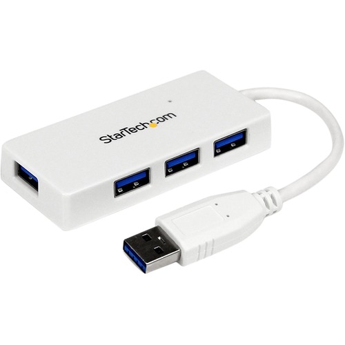 StarTech.com Portable 4 Port SuperSpeed Mini USB 3.0 Hub - 5Gbps - White - Add four external USB 3.0 ports to your notebook or Ultrabook™ with a slim, portable hub - White Four Port Mini USB Hub - 4Port External SuperSpeed USB 3 Hub with built-in ca