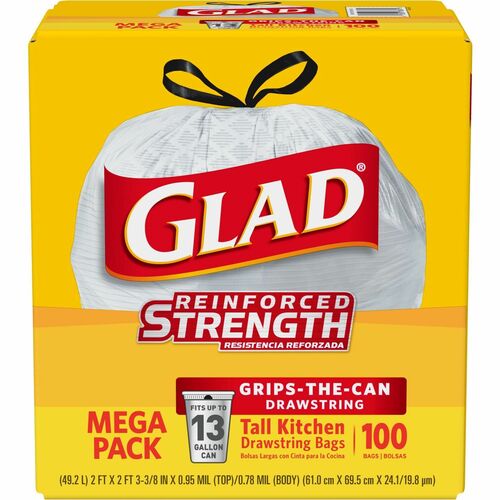 Glad ForceFlex Tall Kitchen Drawstring Trash Bags - 13 gal Capacity - 24" Width x 27" Length - 9 mil (229 Micron) Thickness - White - Plastic - 100/Box - Kitchen, Office, Day Care, Restaurant, School