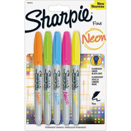 Sharpie Fine Neon Permanent Markers - Fine Marker Point - Neon Yellow, Neon Pink, Neon Orange, Neon Green, Neon Blue - 5 / Set