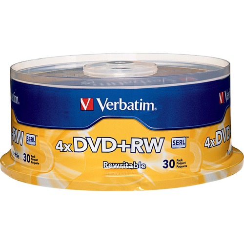 Verbatim 94834 DVD Rewritable Media - DVD+RW - 4x - 4.70 GB - 30 Pack Spindle - 120mm - Single-layer Layers - 2 Hour Maximum Recording Time = VER94834