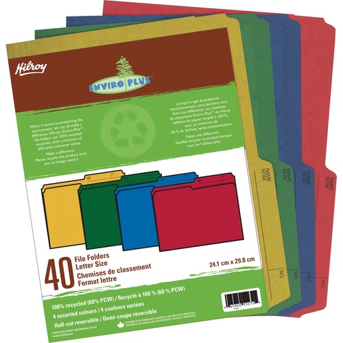 Hilroy Enviro Plus Letter Recycled Top Tab File Folder - 8 1/2" x 11" - Red, Blue, Green, Yellow - 60% Recycled - 40 / Pack = HLR55070
