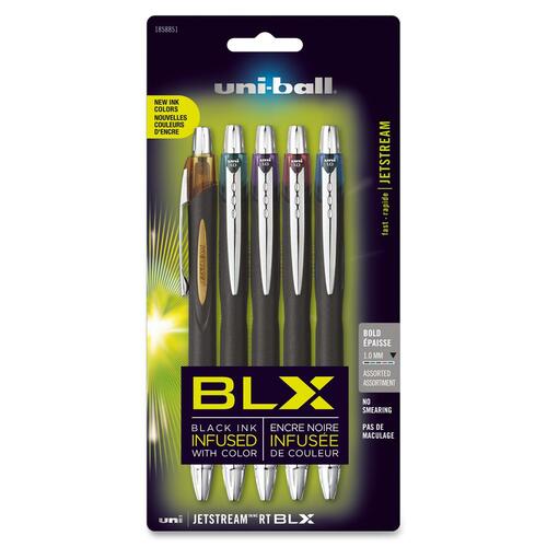 Uni-Ball Jetstream RT Pen - Bold Pen Point - 1 mm Pen Point Size - Conical Pen Point Style - Refillable - Retractable - Blue, Brown, Purple, Green, Red Pigment-based Ink - Black Barrel - 5 / Pack