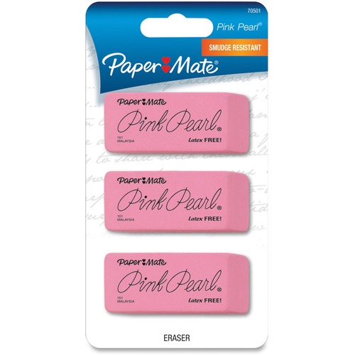Paper Mate Pink Pearl Eraser - Pink - Rubber - 3 / Pack - Soft, Pliable, Smudge-free, Latex-free, Beveled Edge