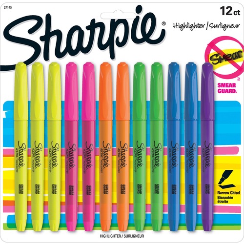Sharpie Accent Highlighter - Pocket - Chisel Marker Point Style - Fluorescent Yellow, Fluorescent Green, Fluorescent Pink, Blue, Fluorescent Orange, Lavender - 12 / Pack