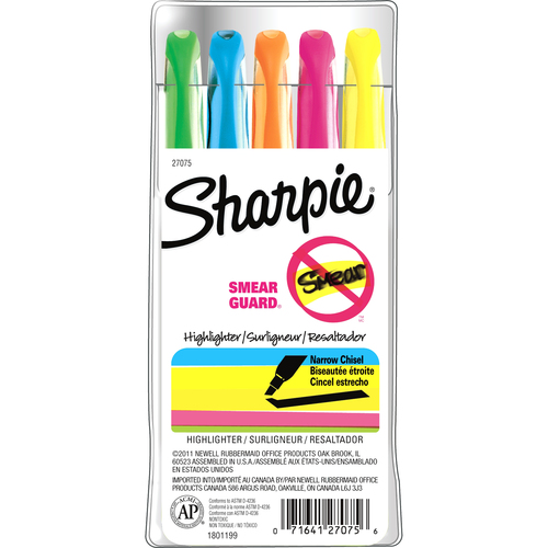 Sharpie Accent Highlighter - Pocket - Chisel Marker Point - Fluorescent Pink, Fluorescent Orange, Fluorescent Yellow, Fluorescent Green, Blue Ink - 5 / Set