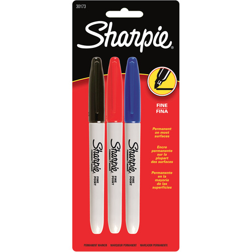 Sharpie Fine Point Permanent Marker - Fine Marker Point - Black, Blue, Red Alcohol Based Ink - 3 / Pack