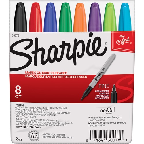 Sharpie Fine Point Permanent Marker - Fine Marker Point - Black, Blue, Brown, Green, Orange, Purple, Red, Yellow Alcohol Based Ink - 8 / Set