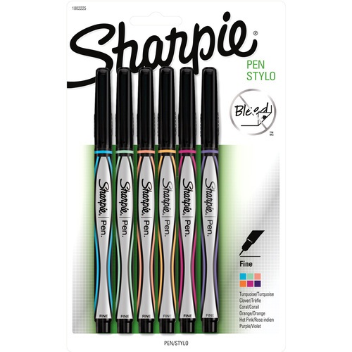 Sharpie Sharpie Pen - Fine Point - Fine Pen Point - 0.5 mm Pen Point Size - Clover, Coral Orange, Turquoise, Hot Pink, Purple - Black Barrel - 6 / Pack