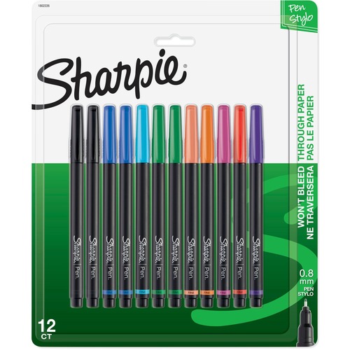 Sharpie Pen - Fine Point - Fine Pen Point - Black, Blue, Turquoise, Green, Clover, Orange, Hot Pink, Red, Purple, Coral - Black Barrel - 12 / Pack - Felt-tip/Porous Point Pens - SAN1802226