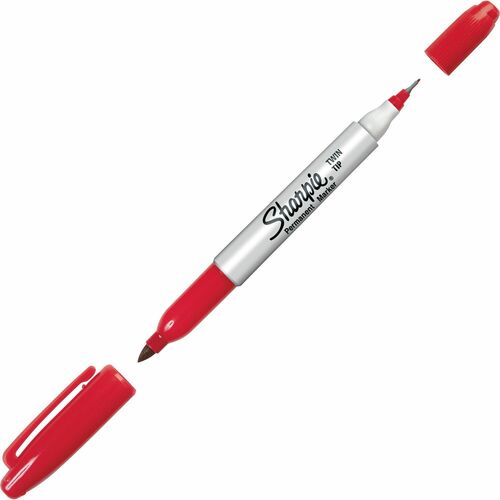Sharpie Twin Tip Permanent Marker - Fine, Ultra Fine Marker Point - Red Alcohol Based Ink - 12 / Dozen