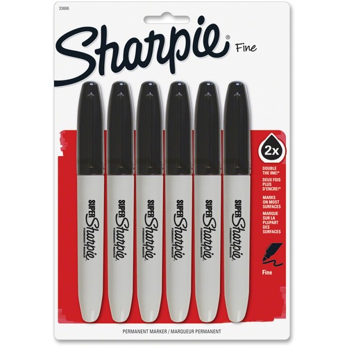 Sharpie Super Permanent Marker - Bold, Fine Marker Point - Black - Plastic Barrel - 6 / Pack
