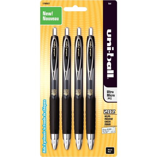 Uni-Ball 207 Gel Pen - 0.38 mm Ultra Micro Pen Point - Retractable - Black Ink - Pigment-based - 4 / Set