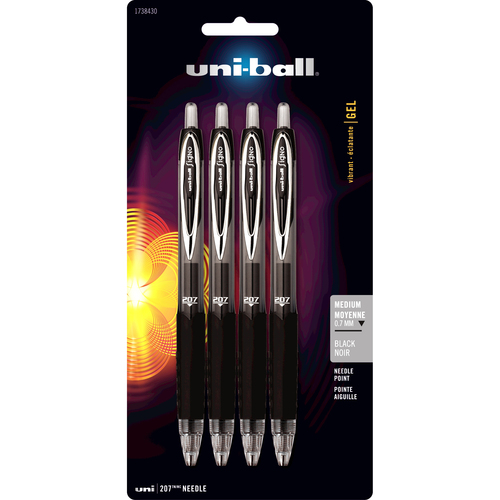 Uni-Ball 207 Needle Gel Pen - 0.7 mm Medium Needle Pen Point - Retractable - Black Ink - Pigment-based - Stainless Steel Tip - 4 / Card