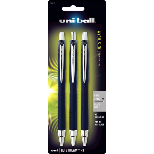 Uni-Ball Jetstream RT Pen - Fine Pen Point - 0.7 mm Pen Point Size - Retractable - Black Pigment-based Ink - 3 / Card