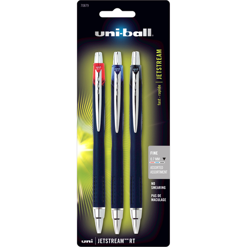 Uni-Ball Jetstream RT Pen - Fine Pen Point - 0.7 mm Pen Point Size - Retractable - Assorted Pigment-based Ink - 3 / Card