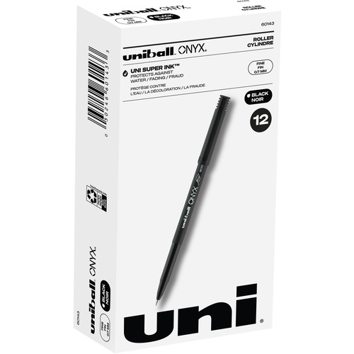 uni-ball Onyx Rollerball Pens - Fine Pen Point - 0.7 mm Pen Point Size - Conical Pen Point Style - Black Dye-based Ink - Matte Black Barrel - Metal Tip - 12 / Dozen