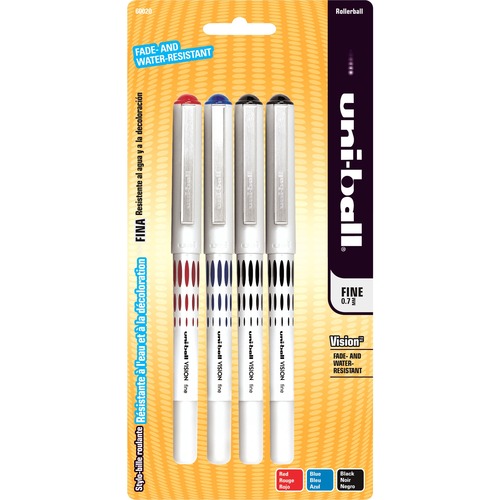 Uni-Ball Vision Roller Ball Pen - Fine Pen Point - 0.7 mm Pen Point Size - Blue, Red, Black Pigment-based Ink - Gray, Blue, Black, Red Barrel - 4