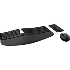 Microsoft Sculpt Ergonomic Desktop - USB 2.0 Wireless RF 2.40 GHz Keyboard/Keypad - English (US) - Black - USB 2.0 Wireless RF Mouse - BlueTrack - 1000 dpi - 7 Button - Tilt Wheel - QWERTY - Black - Mute, Volume Down, Volume Up, Play/Pause, Previous Page, Next Page Hot Key(s) - AA, AAA, Button Cell - Compatible with Computer for PC - 1 Pack