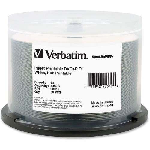 Verbatim DataLifePlus DVD Recordable Media - DVD+R DL - 8x - 8.50 GB - 50 Pack Spindle - White - 120mm - Double-layer Layers - Printable - Inkjet Printable