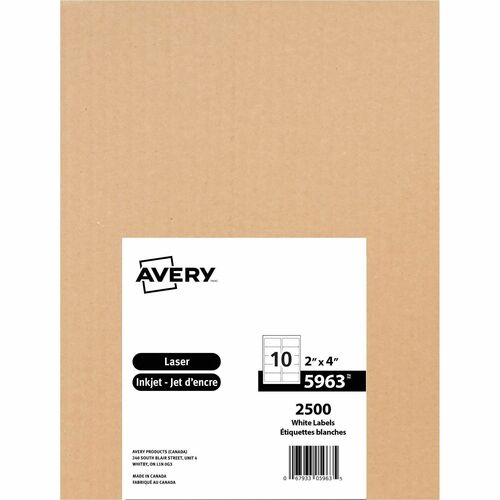 Avery® TrueBlock(R) Shipping Labels, Sure Feed(TM) Technology, Permanent Adhesive, 2" x 4" , 2,500 Labels (5963) - 2" Height x 4" Width - Permanent Adhesive - Rectangle - Laser, Inkjet - White - Paper - 10 / Sheet - 250 Total Sheets - 2500 Total Label - Mailing & Address Labels - AVE5963