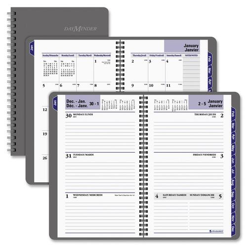 DayMinder Recycled Traditional Weekly/Monthly Planner - Julian Dates - Weekly - 1 Year - January till December - 1 Week, 1 Month Double Page Layout - 5" x 8" Sheet Size - Twin Wire - Dark Gray - Poly - Reference Calendar, Conversion Table, Notes Area, Con