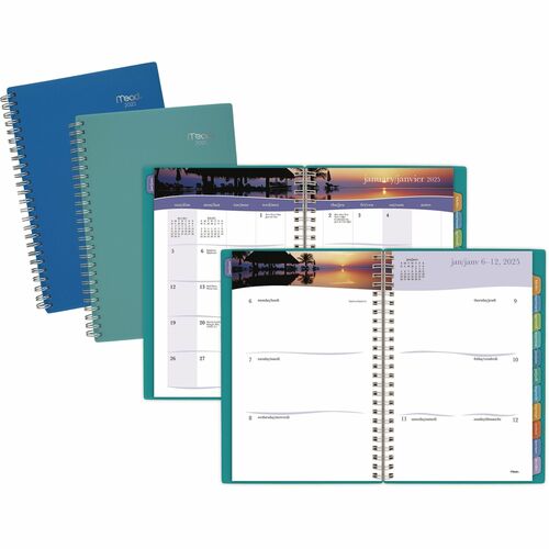 Mead® Tropical Weekly/Monthly Planners - Julian Dates - Weekly, Monthly - January 2024 - December 2024 - 1 Week, 1 Month Double Page Layout - 5 7/8" x 8 1/4" Sheet Size - Twin Wire - Blue, Green - Poly - Bilingual, Tabbed - 1 Each