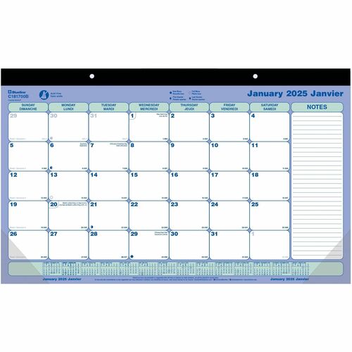 Blueline Monthly Desk Pad/Wall Calendar 17-3/4" x 10-7/8" , Bilingual - Monthly - 1 Year - January 2025 - December 2025 - 1 Month Single Page Layout - 17 3/4" x 10 7/8" Sheet Size - Desk Pad - Chipboard - Tear-off, Bilingual - 1 Each
