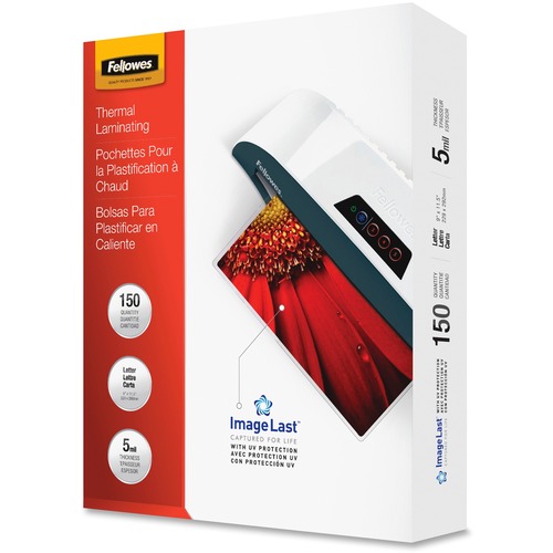 Fellowes Thermal Laminating Pouches - ImageLast™, Jam Free, Letter, 5mil, 150 pack - Sheet Size Supported: Letter - Laminating Pouch/Sheet Size: 9" Width x 5 mil Thickness - Type G - Glossy - for Document - Durable, UV Resistant, Fade Resistant, Jam